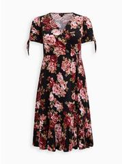 Plus Size Midi Studio Knit Wrap Dress, BLACK FLOWERS, hi-res