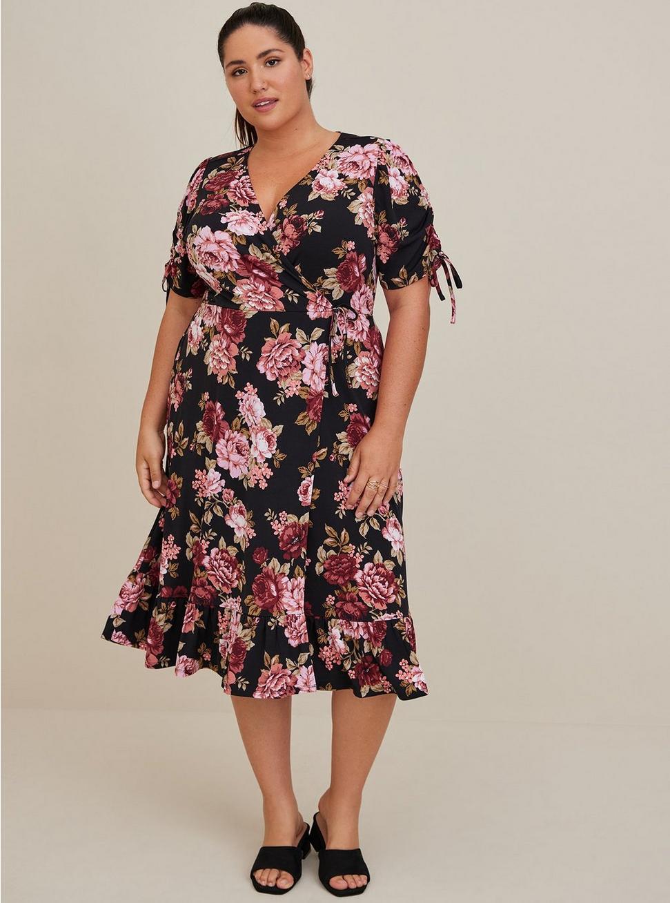 Plus Size Midi Studio Knit Wrap Dress, BLACK FLOWERS, hi-res