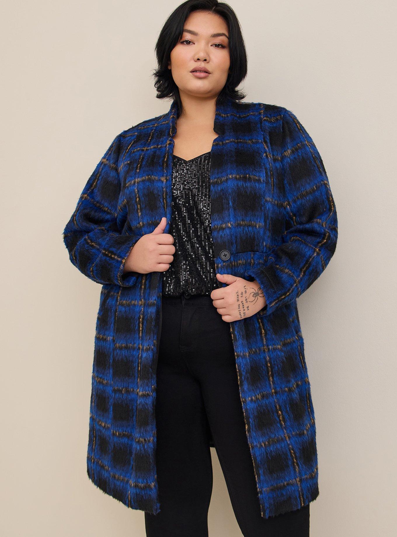Brushed Fuzzy Flannel Coat , PLAID BLUE, hi-res