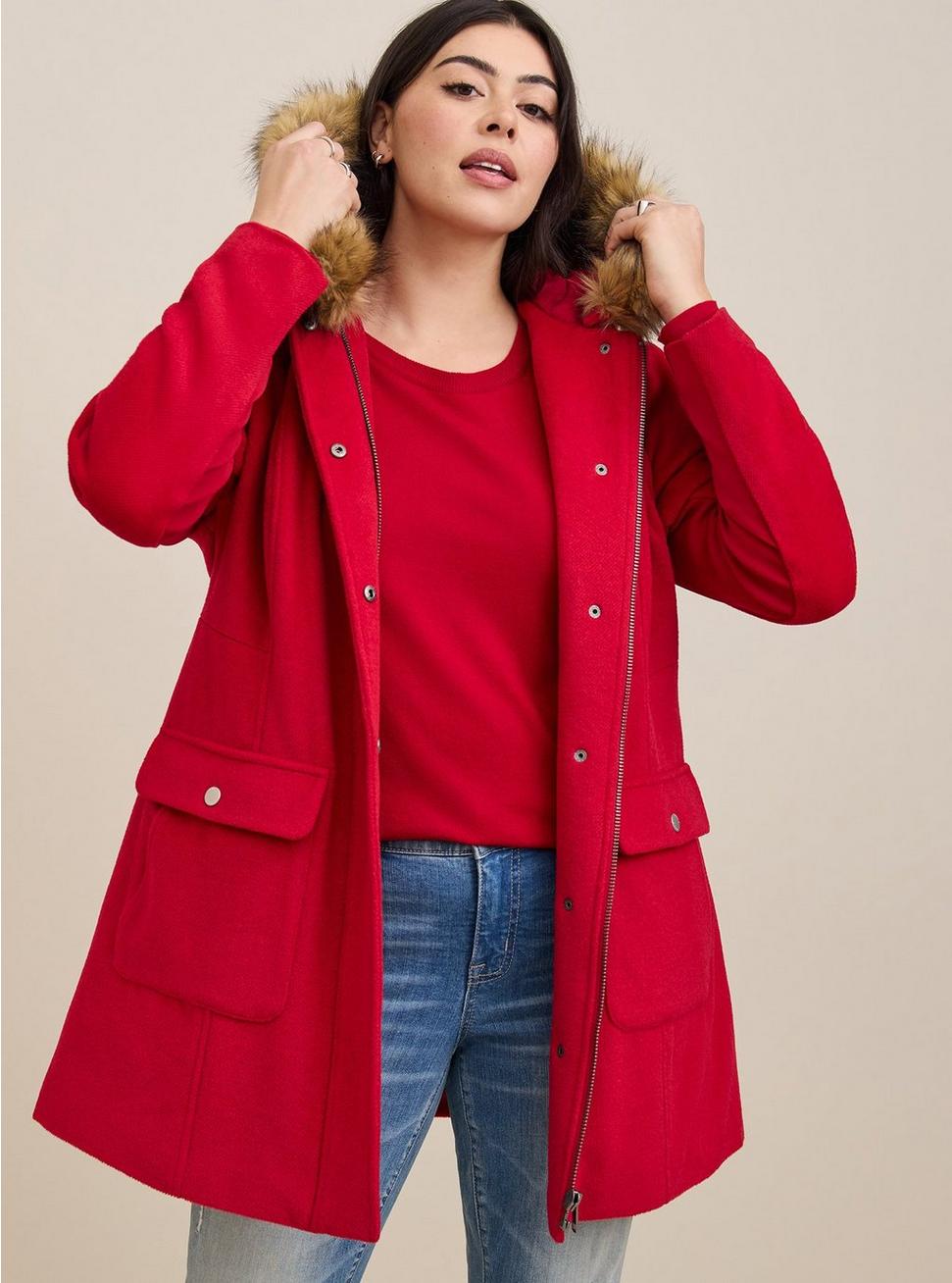 Wool Zip Front Faux Fur Trim Coat, JESTER RED, hi-res