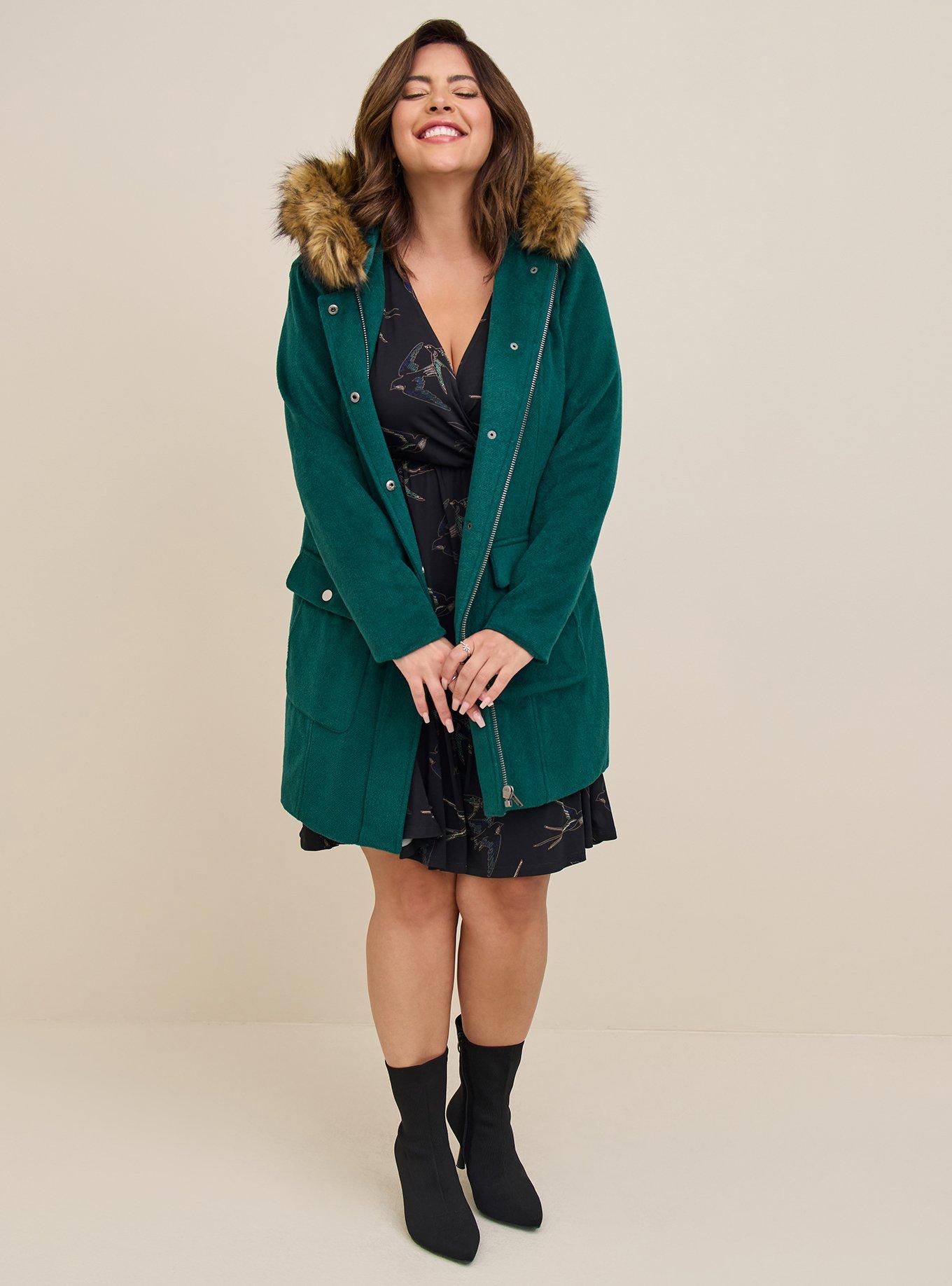 Plus Size Wool Zip Front Faux Fur Trim Coat Torrid