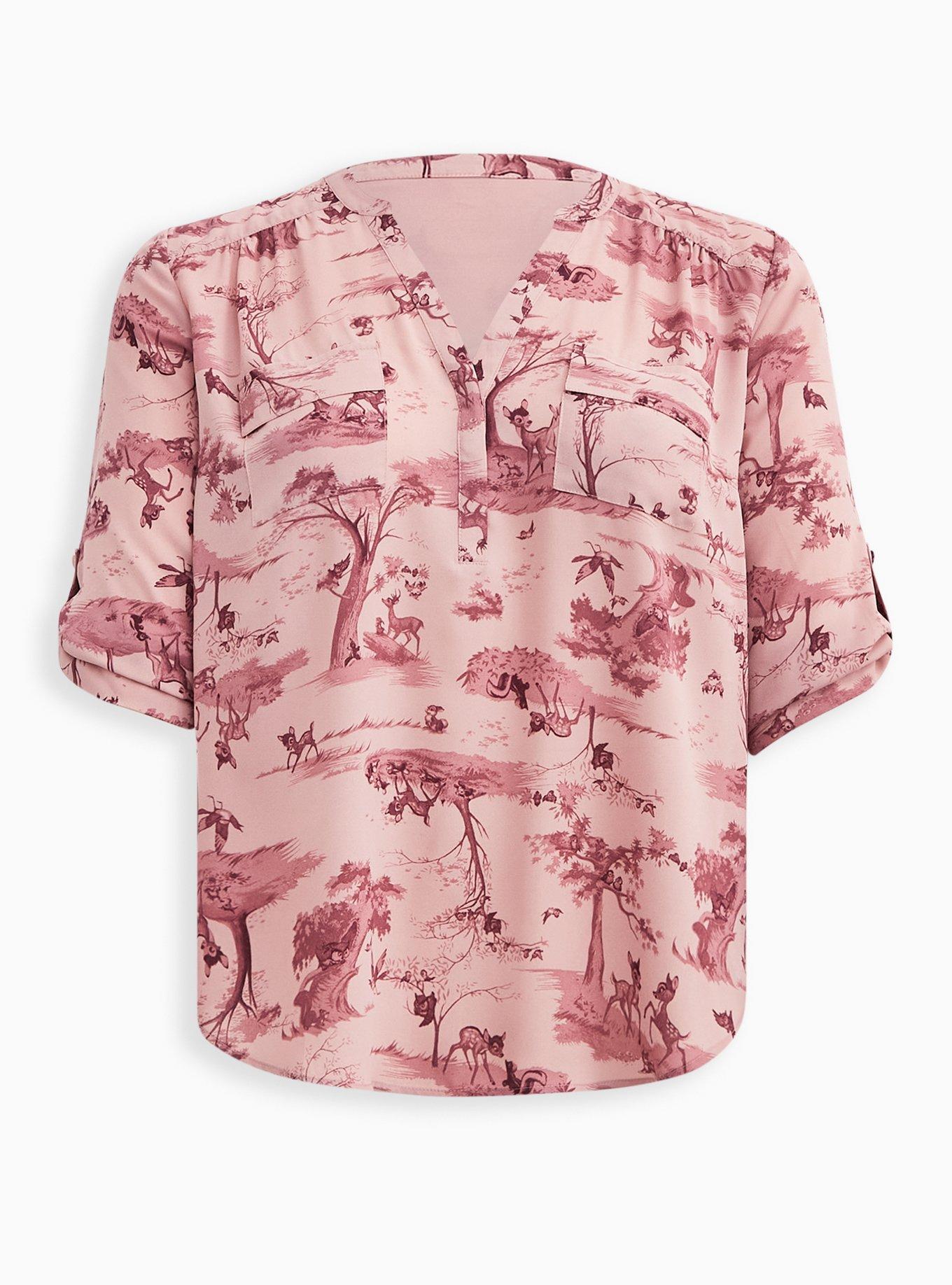 Disney Torrid Plus 4 Pink-Mauve Bambi Print V-Button Neck 3/4 Sleeve cheapest Blouse