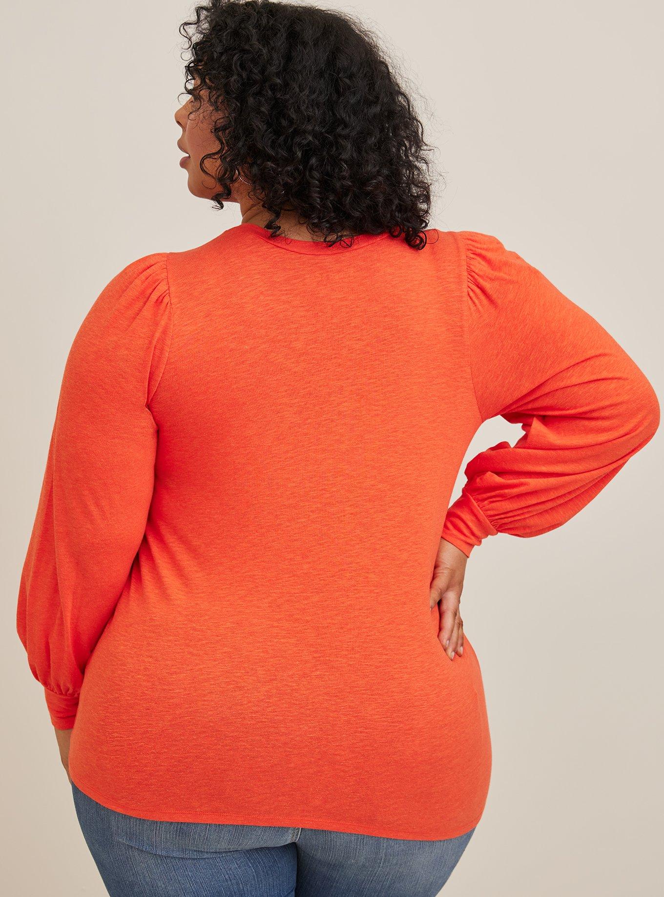 Plus Size - Super Soft Slub Crew Neck Puff Sleeve Long