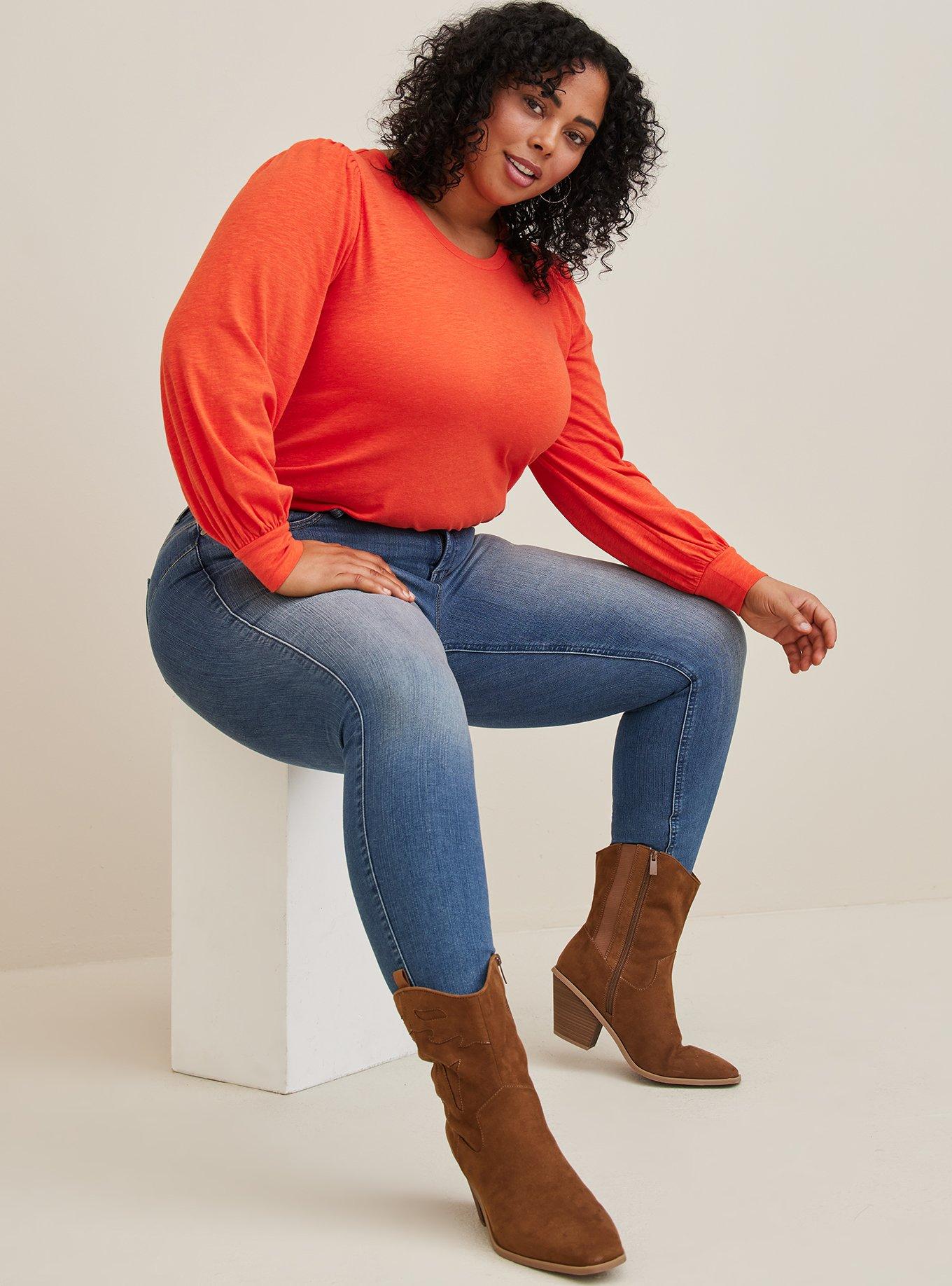Plus Size - Super Soft Slub Crew Neck Puff Sleeve Long