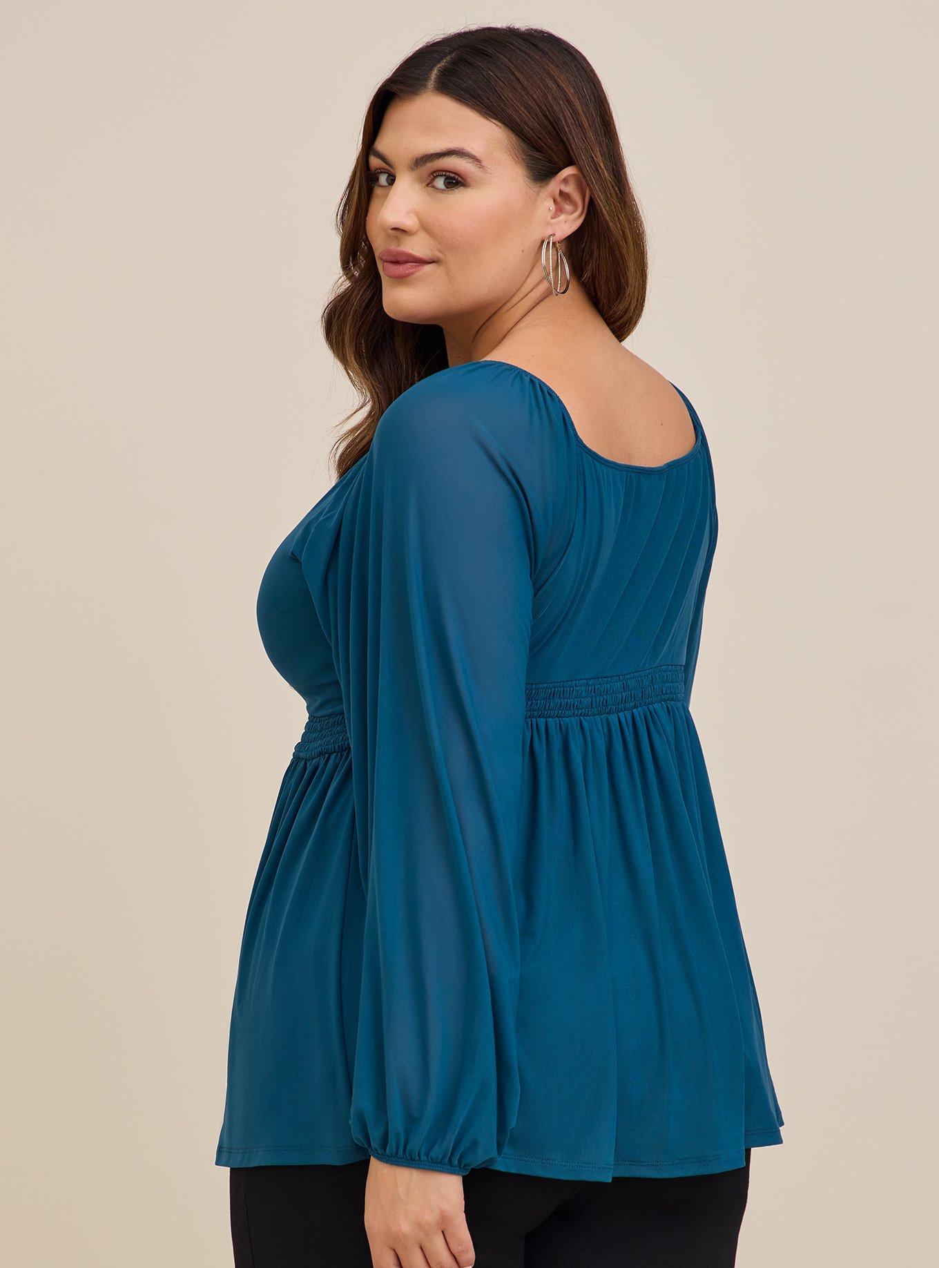 Plus Size - Stretch Mesh V-Neck Smocked Waist Babydoll Top - Torrid