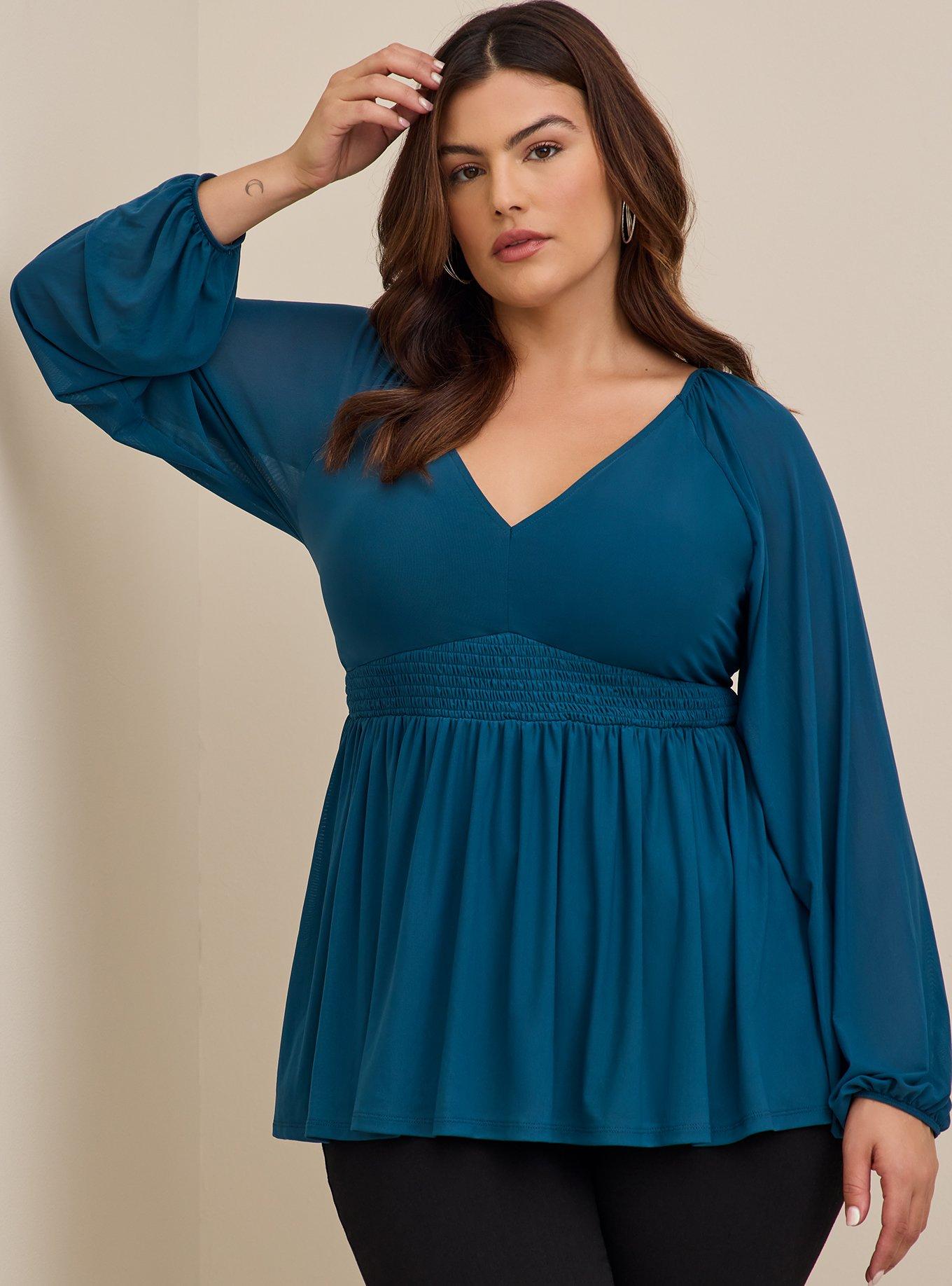 Plus Size - Stretch Mesh V-Neck Smocked Waist Babydoll Top - Torrid