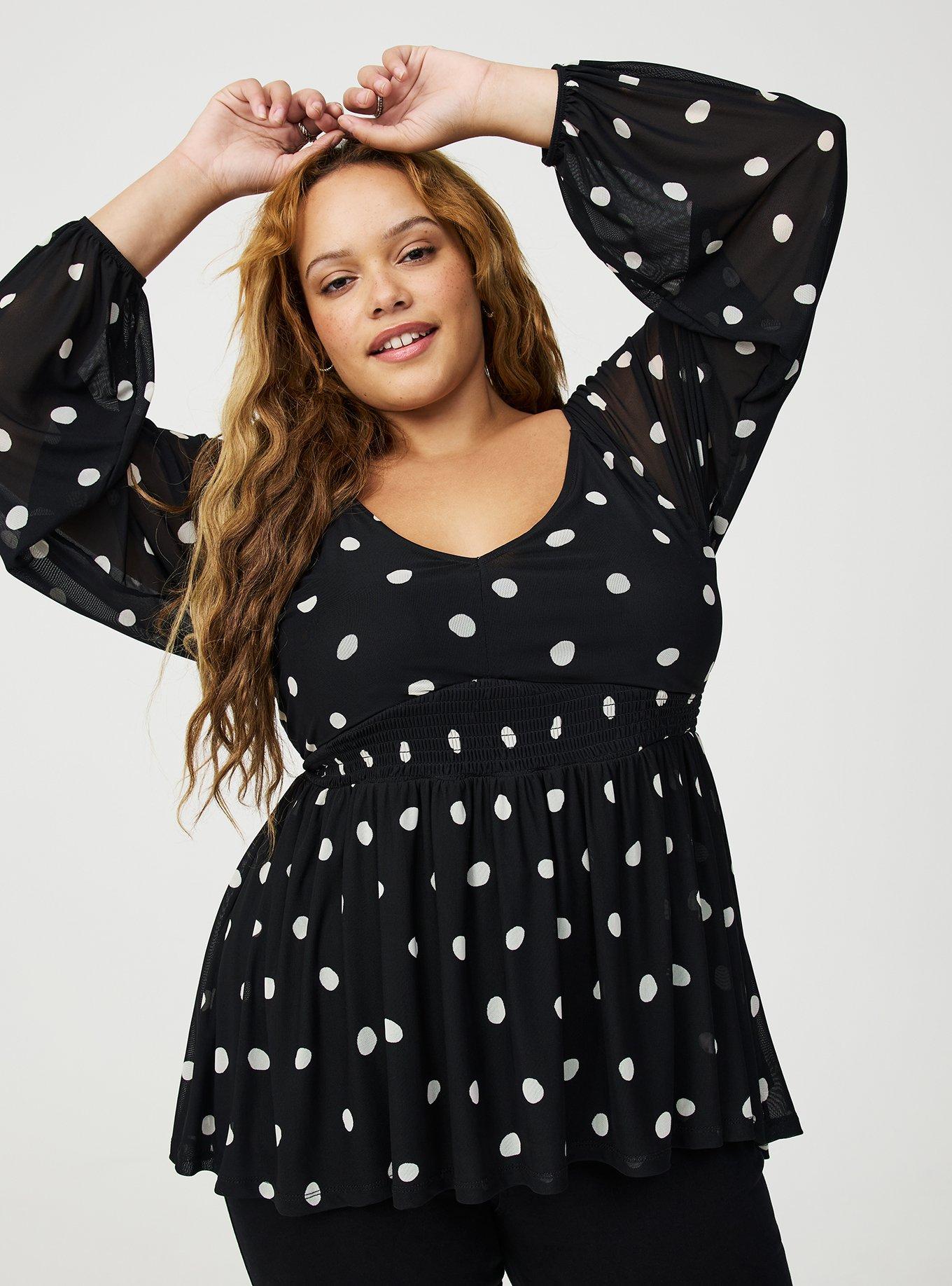 Blouson Sleeve Mesh Babydoll Top, WYNN DOT DEEP BLACK, hi-res