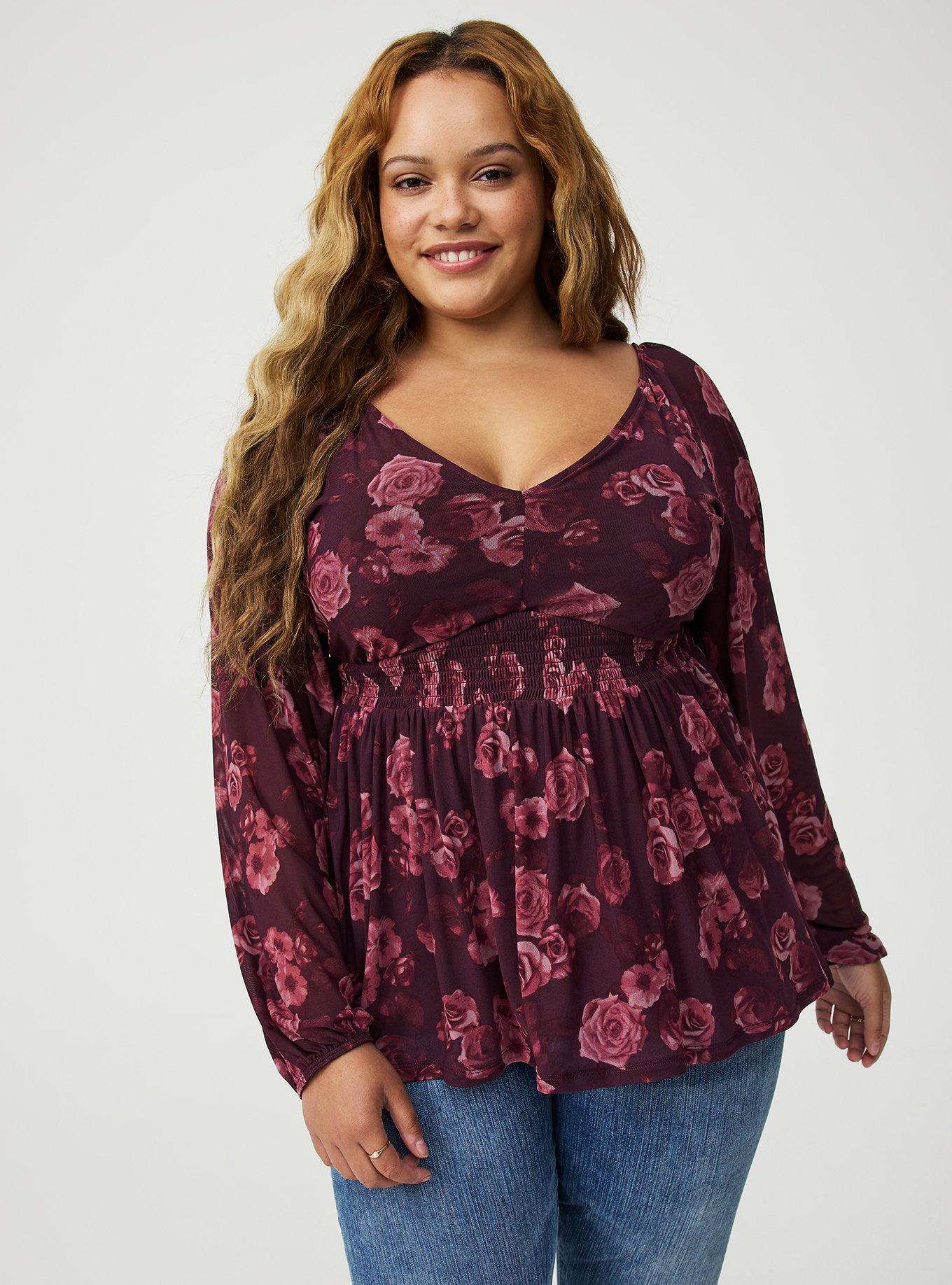 Plus Size Blouson Sleeve Mesh Babydoll Top, FADING ROSES FLORAL WINETASTING, hi-res