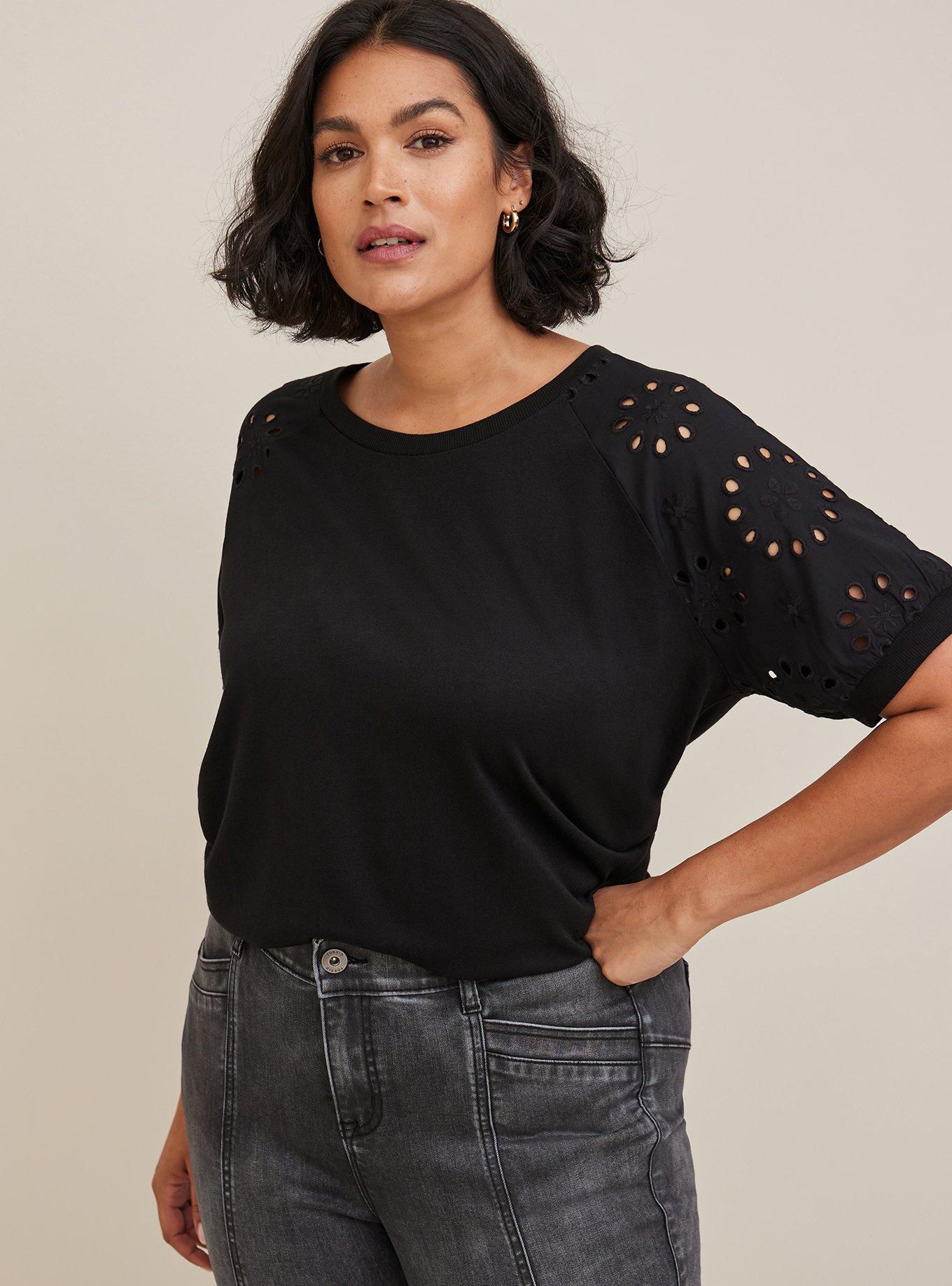 Lt Weight French Terry Crew Neck Eyelet Short Sleeve Raglan Sweatshirt, DEEP BLACK, alternate