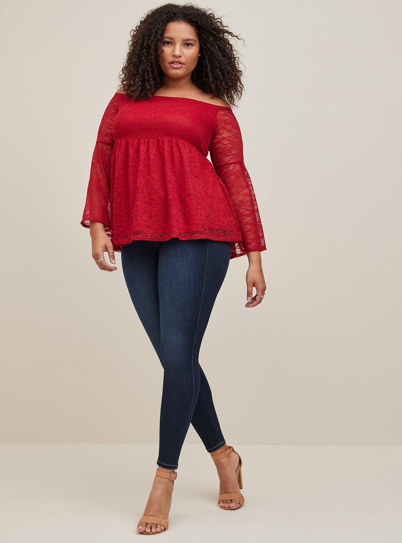 Plus Size - Stretch Lace Off-Shoulder Bell Sleeve Babydoll Top - Torrid