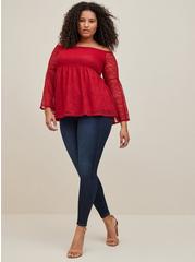 Stretch Lace Off-Shoulder Bell Sleeve Babydoll Top, RED, alternate