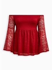 Stretch Lace Off-Shoulder Bell Sleeve Babydoll Top, RED, hi-res