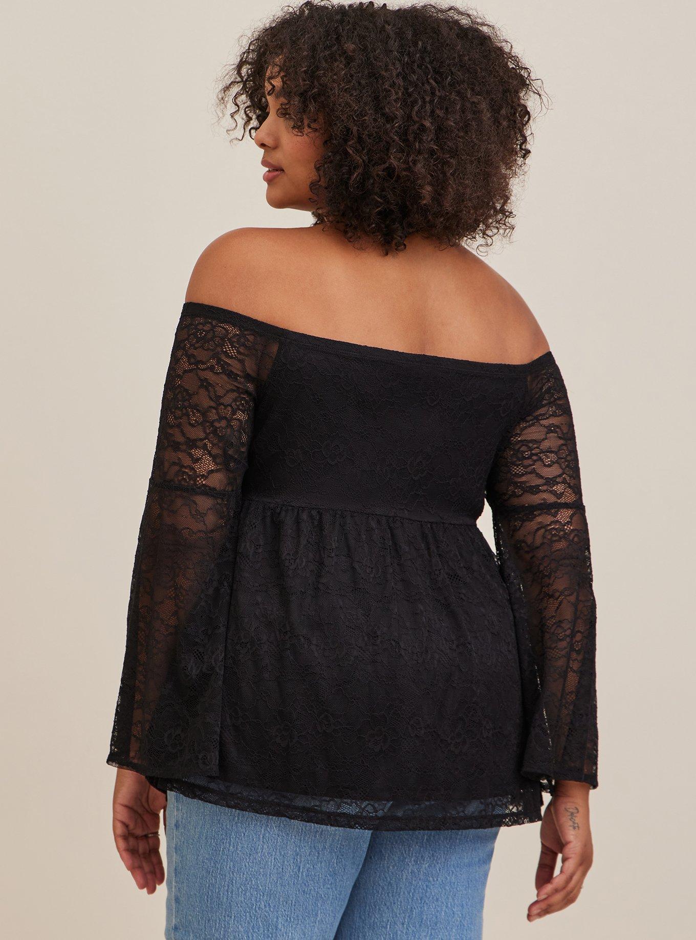 Stretch Lace Off-Shoulder Bell Sleeve Babydoll Top, DEEP BLACK, alternate