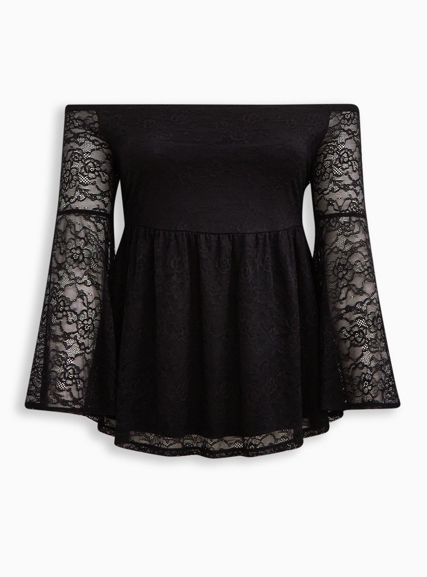 Stretch Lace Off-Shoulder Bell Sleeve Babydoll Top, DEEP BLACK, hi-res