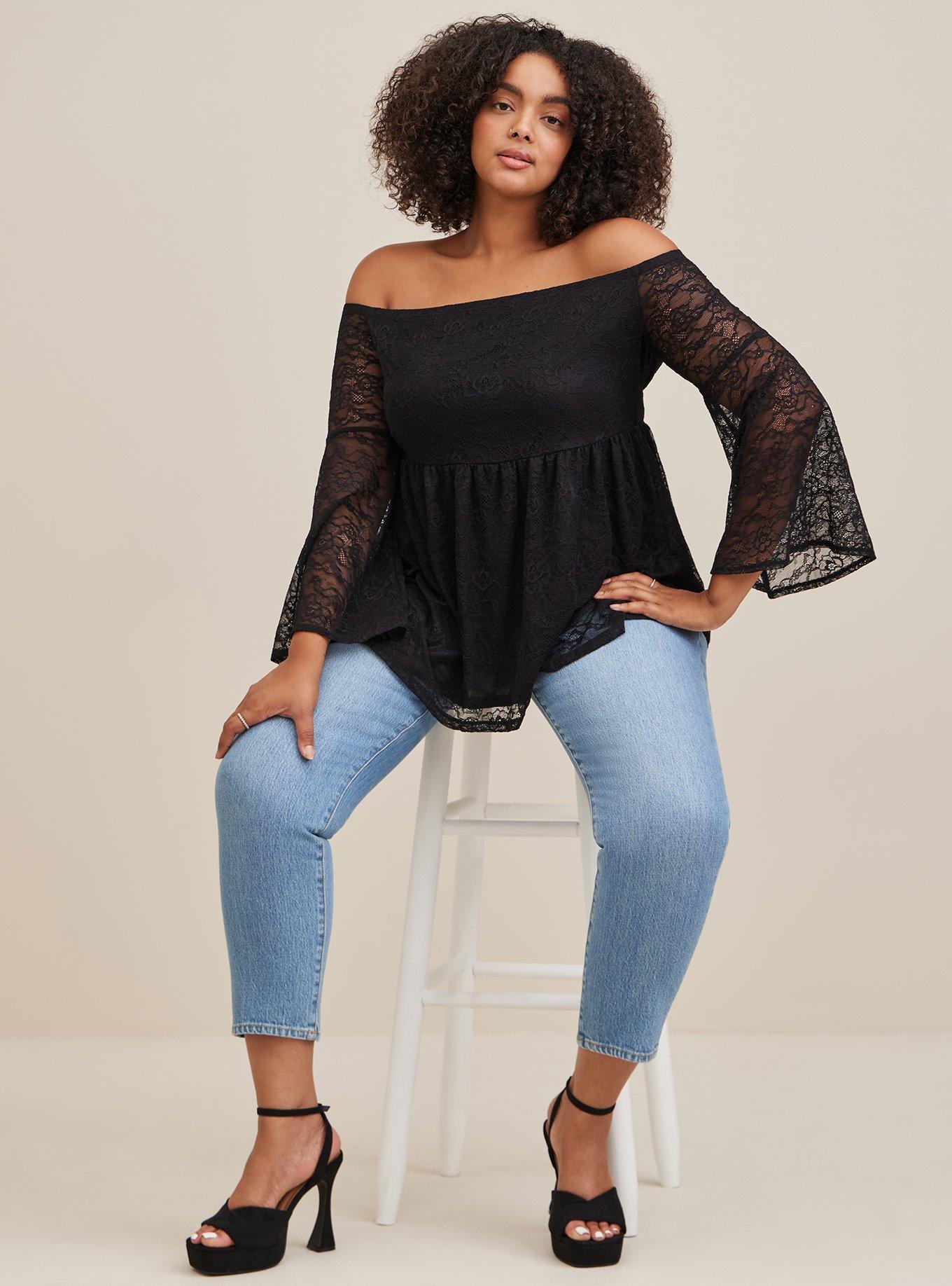 Plus Size - Stretch Lace Off-Shoulder Bell Sleeve Babydoll Top - Torrid