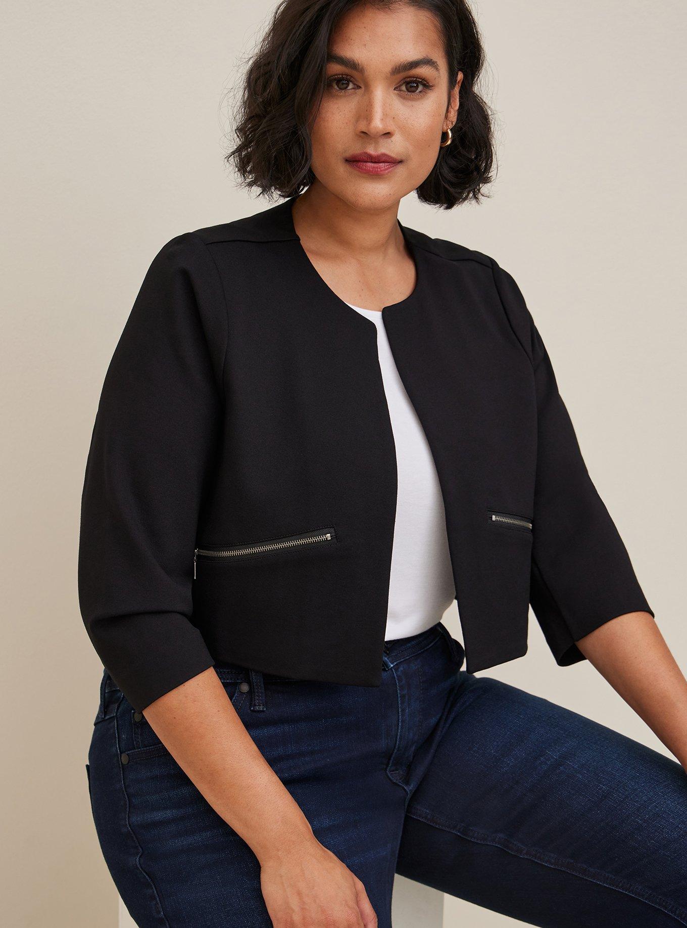 Studio Luxe Ponte Crop Collarless Blazer, DEEP BLACK, alternate
