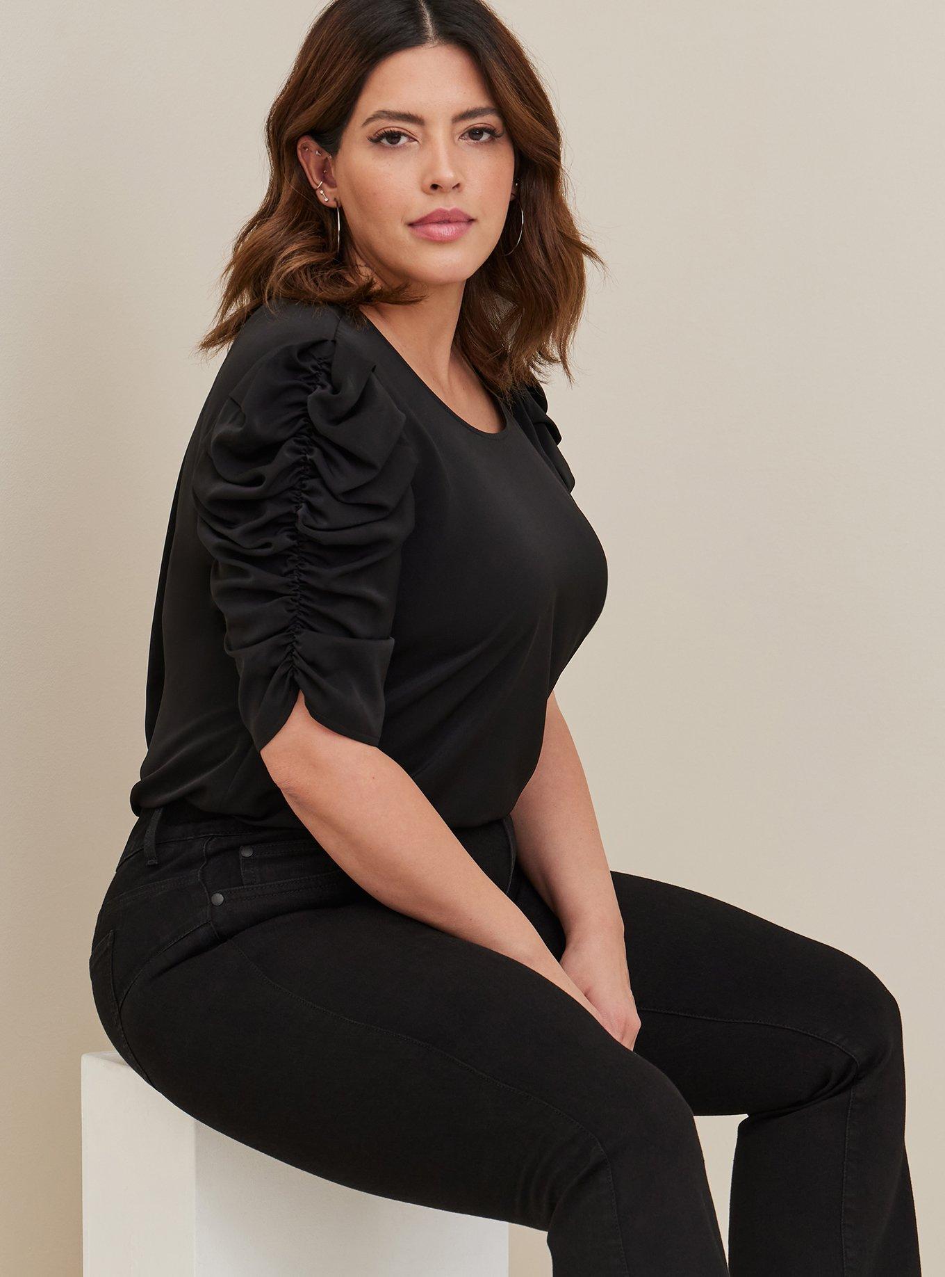 Studio Crepe De Chine Ruched Sleeve Blouse, DEEP BLACK, hi-res