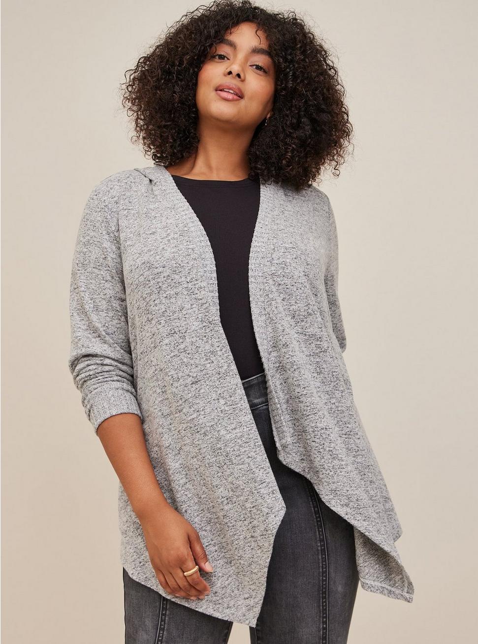 Super Soft Plush Hooded Cardigan Open Front, HEATHER GREY, hi-res