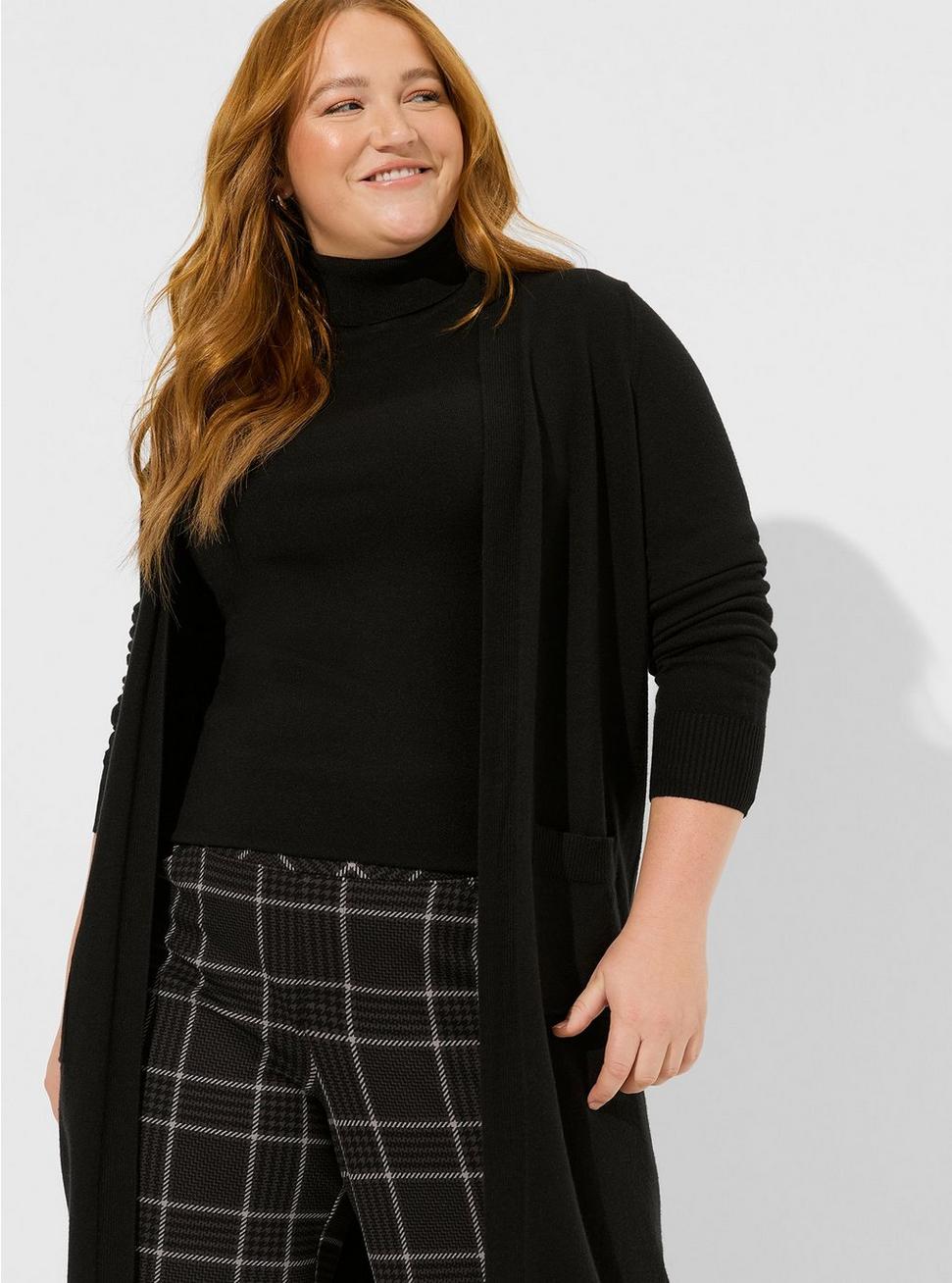 Plus Size Everyday Soft Duster Open Front Sweater, BLACK, alternate
