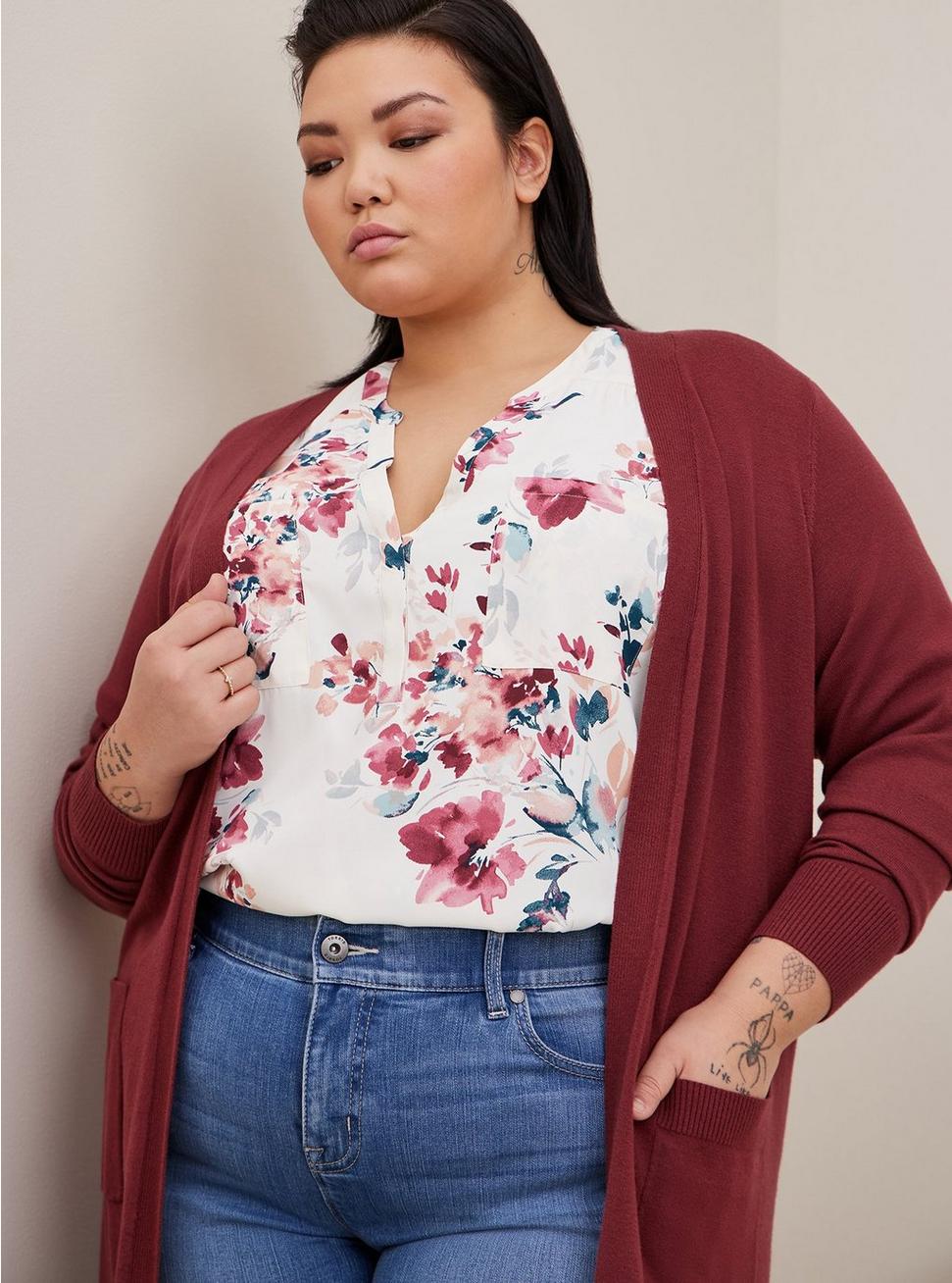 Plus Size Everyday Soft Duster Open Front Sweater, MAROON, alternate
