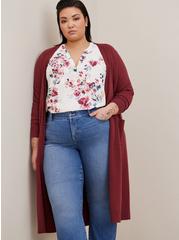 Plus Size Everyday Soft Duster Open Front Sweater, MAROON, hi-res
