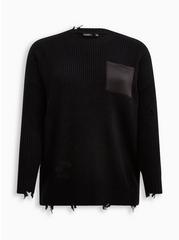 Lovesick Distressed Satin Pocket Pullover Sweater, BLACK, hi-res