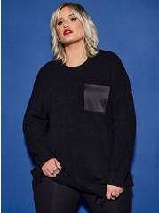 Lovesick Distressed Satin Pocket Pullover Sweater, BLACK, hi-res