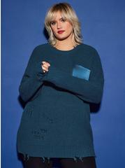 Lovesick Distressed Satin Pocket Pullover Sweater, BLUE, alternate