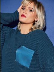 Plus Size Lovesick Distressed Satin Pocket Pullover Sweater, BLUE, alternate