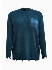 Lovesick Distressed Satin Pocket Pullover Sweater, BLUE, hi-res