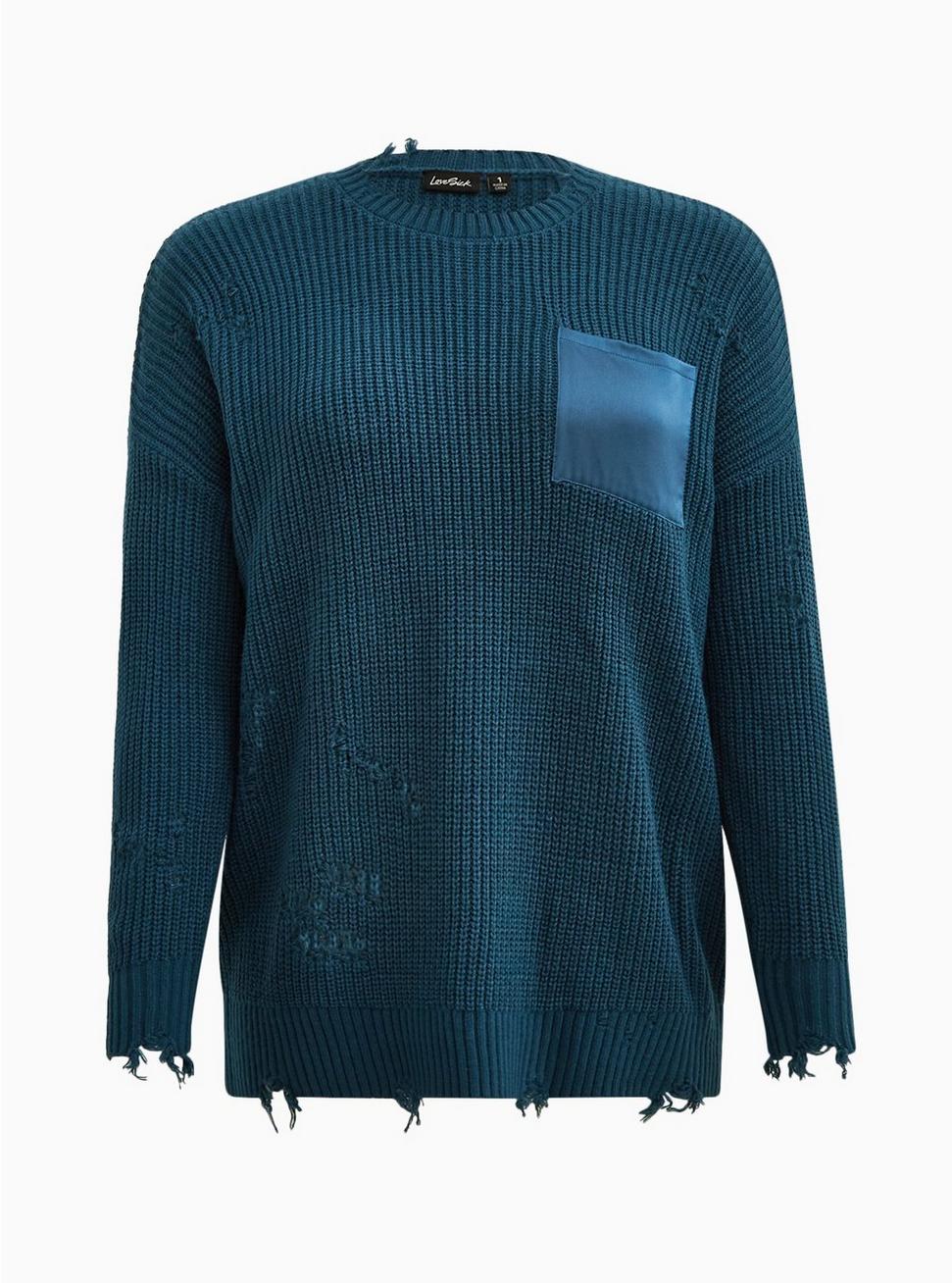 Plus Size Lovesick Distressed Satin Pocket Pullover Sweater, BLUE, hi-res