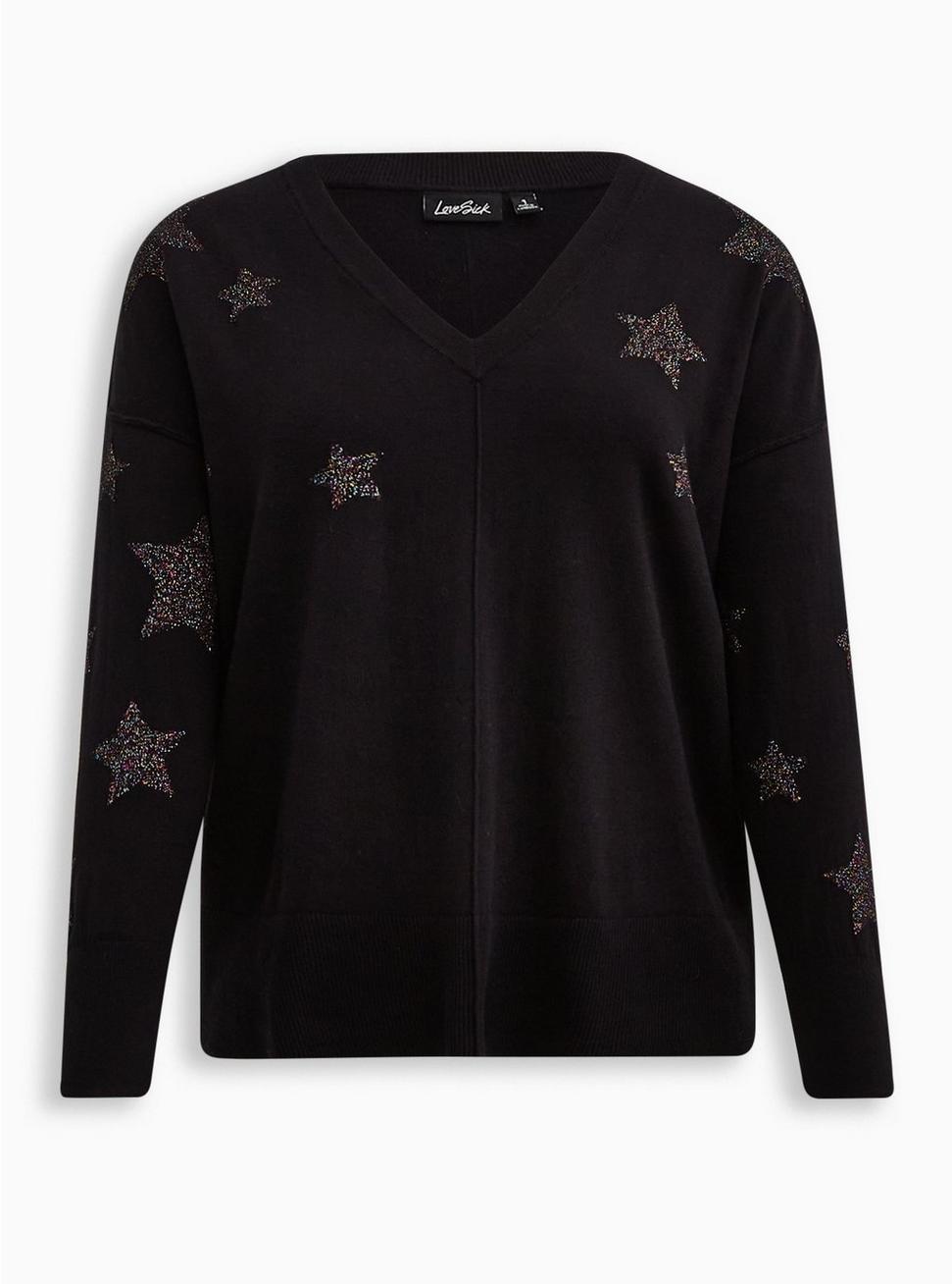 Plus Size LoveSick V-Neck Pullover Sweater, BLACK, hi-res