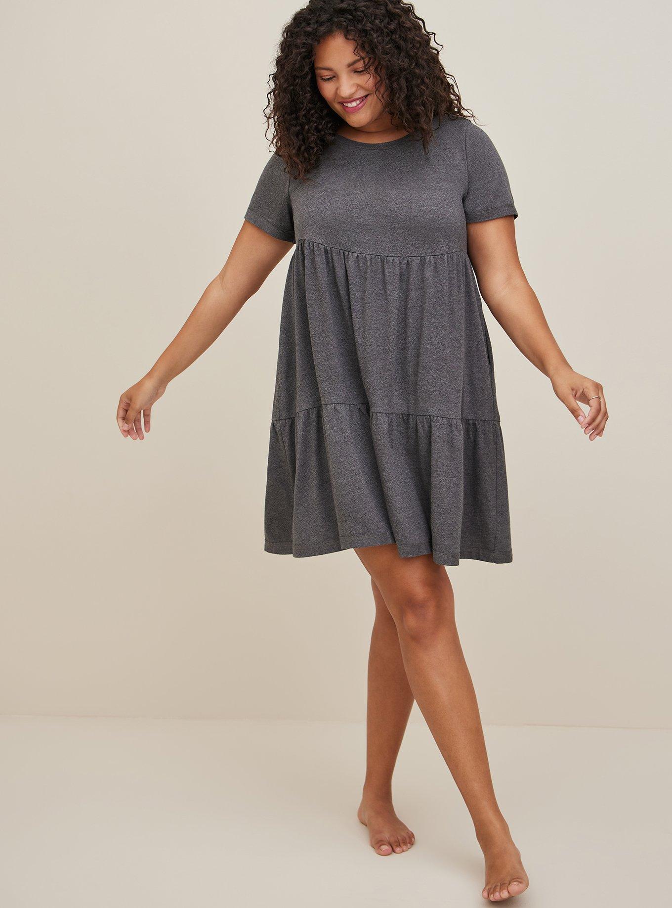 Plus Size Tiered Babydoll Sleep Dress Cotton Modal Heather Charcoal