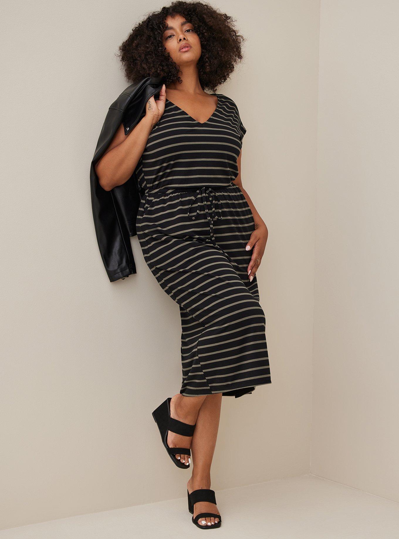 Midi Dolman Sleeve Slit Dress - Super Soft Stripe Green, STRIPE GREEN, alternate