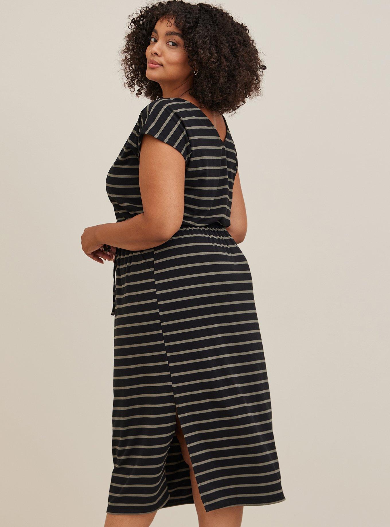 Plus Size - Midi Dolman Sleeve Slit Dress - Super Soft Stripe Green ...