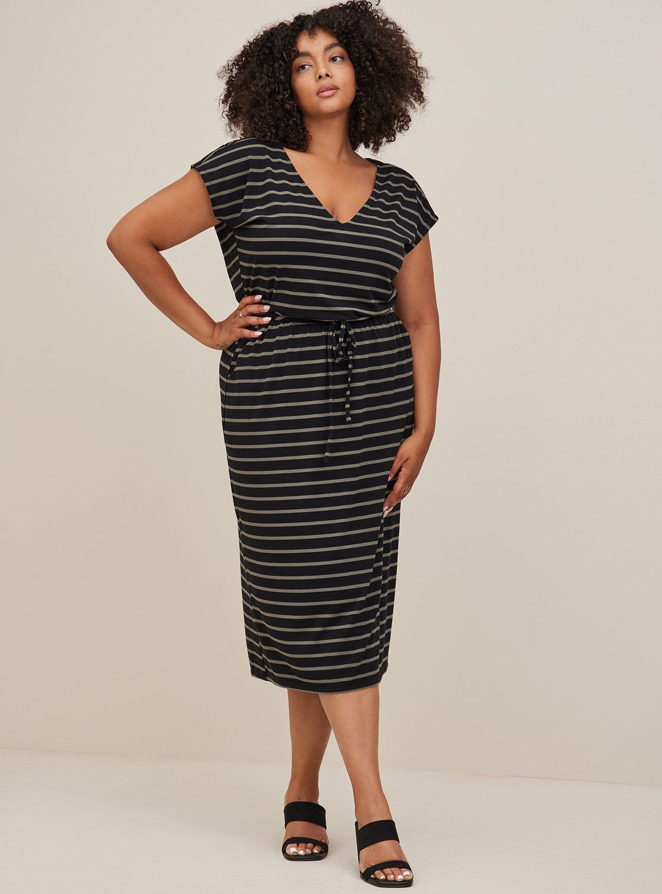 Plus Size - Midi Dolman Sleeve Slit Dress - Super Soft Stripe Green ...