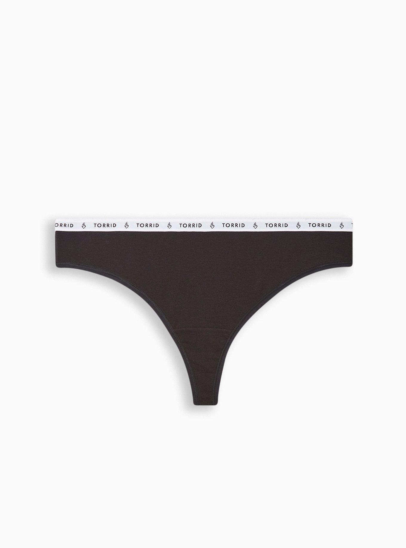 Plus Size Cotton Mid-Rise Thong Logo Panty, RICH BLACK, hi-res