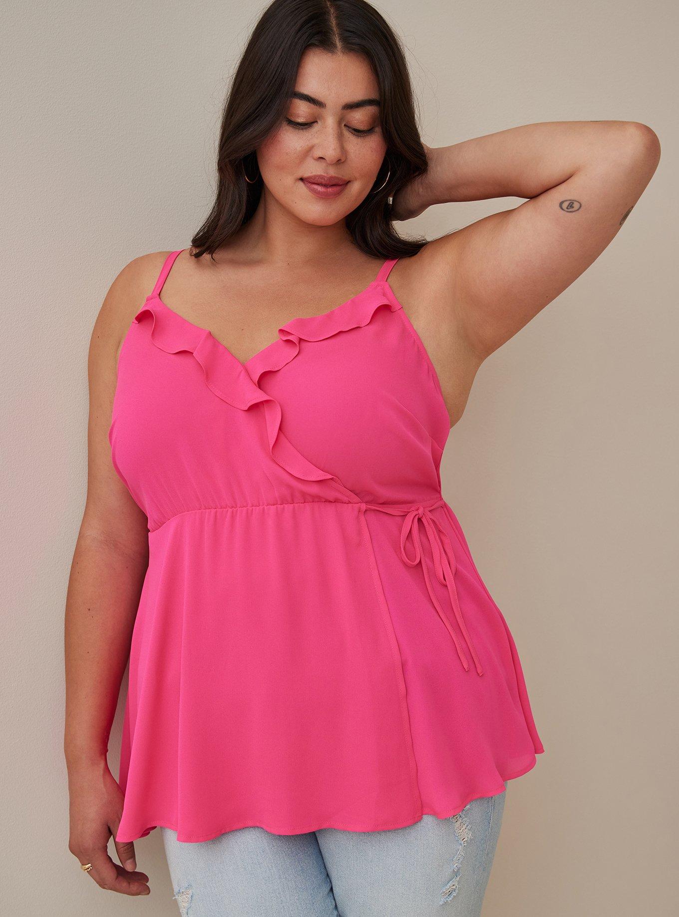 Plus Size Georgette Ruffle Front Cami, PINK GLO, hi-res