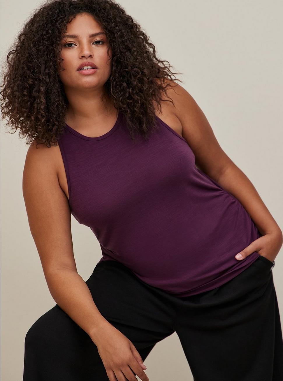 Knit Side Ruched Crew Neck Sleeveless Active Tank, POTENT PURPLE, hi-res