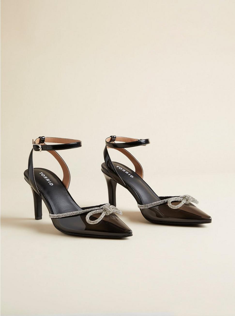 Plus Size Embellished Bow Pointed Toe Heel (WW), BLACK, hi-res