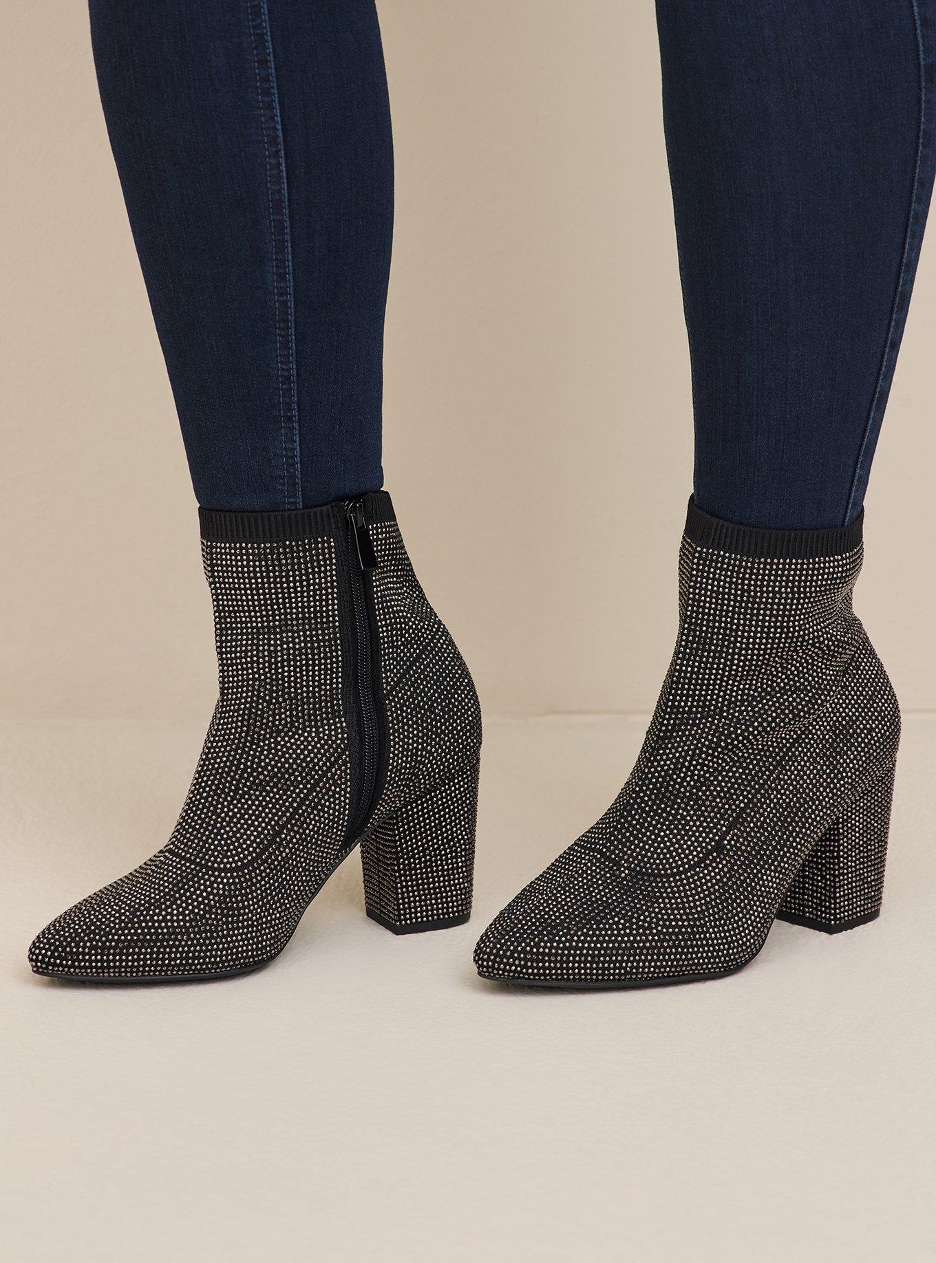 Plus Size Stretch Knit Embellished Bootie (WW), BLACK, alternate