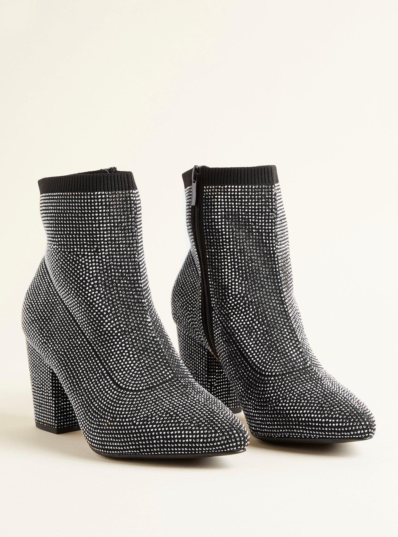 Plus Size Stretch Knit Embellished Bootie (WW), BLACK, hi-res