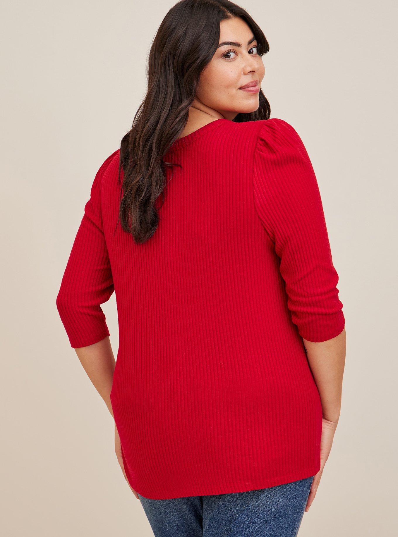 Plus Size - Light Weight Rib Hacci 3/4 Sleeve Henley Top - Torrid