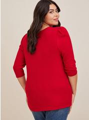Plus Size Light Weight Rib Hacci 3/4 Sleeve Henley Top, RED, alternate