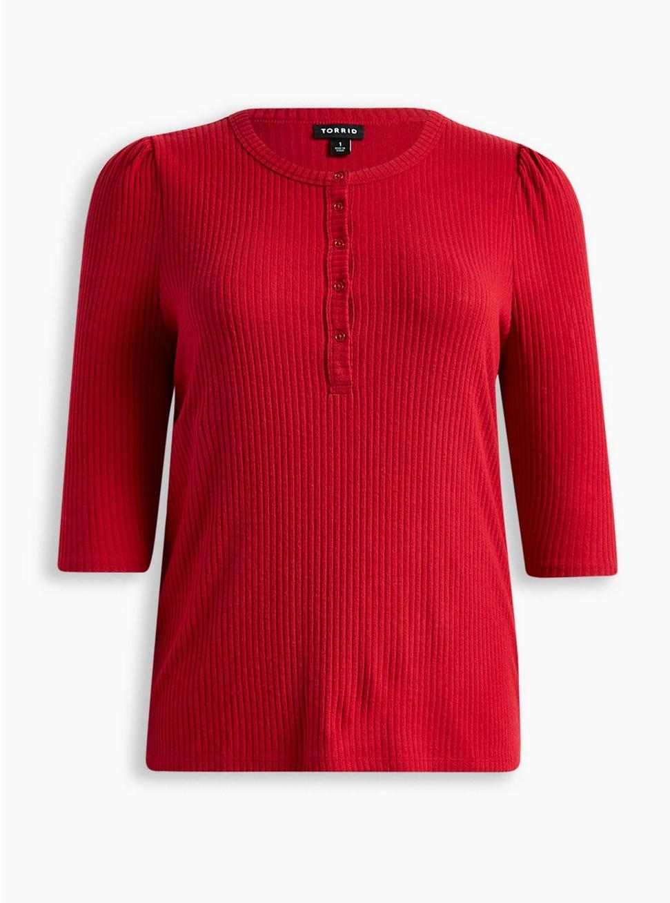 Plus Size Light Weight Rib Hacci 3/4 Sleeve Henley Top, RED, hi-res
