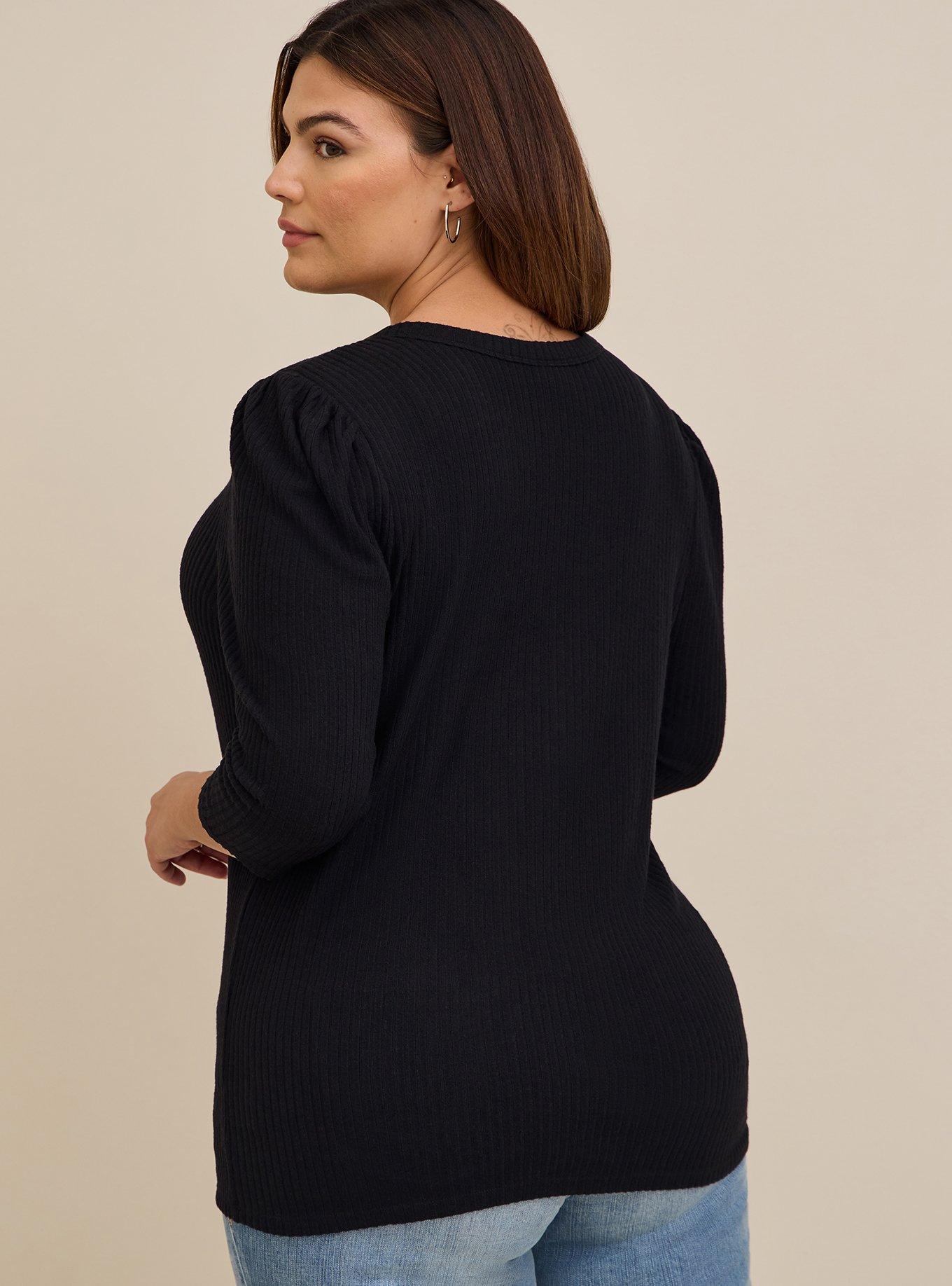 Plus Size Light Weight Rib Hacci 3/4 Sleeve Henley Top, DEEP BLACK, alternate