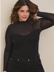 Plus Size Stretch Mesh And Foxy Mock Neck Long Sleeve Top, DEEP BLACK, alternate