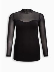 Plus Size Stretch Mesh And Foxy Mock Neck Long Sleeve Top, DEEP BLACK, hi-res