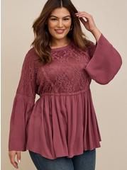 Peplum Lace Bell Sleeve Top, WILD GINGER BURGUNDY, hi-res