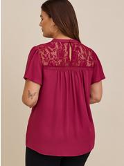 Georgette With Lace Detail Flutter Sleeve Top, BEAUJOLAIS BURGUNDY, alternate